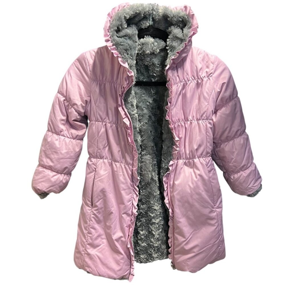 OneKid Pink Reversible Car Seat Safe Coat Size 6X Faux Fur Hooded Medium Length